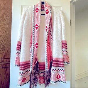 MaxSport Open Front Cardigan Fuzzy Western Tribal Aztec Boho Ivory Orange M